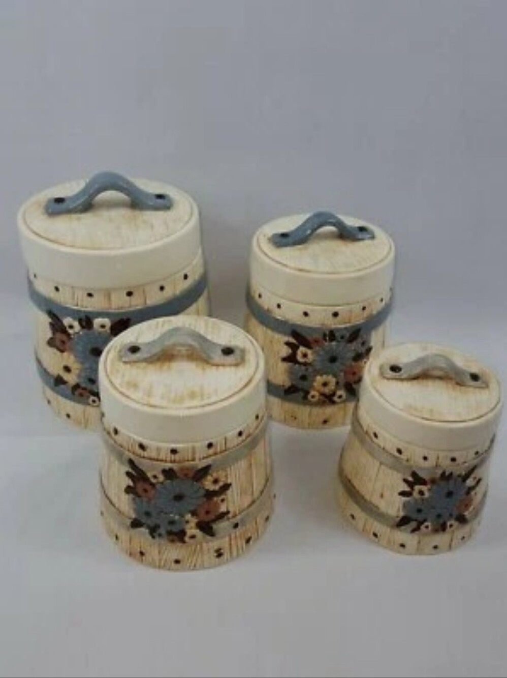 Vintage 70s White Barrel Blue Flowers Canister Set Ceramic 4 Containers & Lids